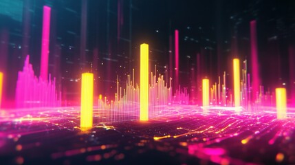 A futuristic neon yellow and pink candlestick chart for 2025, surrounded by glowing data points.