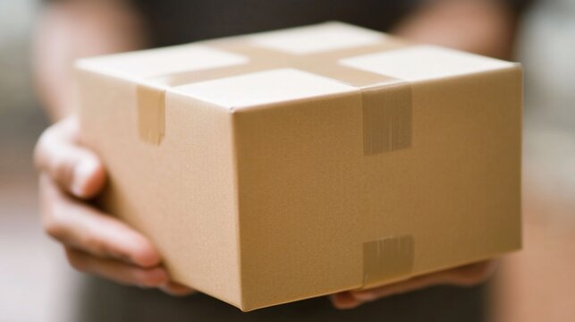 A person holding a sealed cardboard box, likely for delivery or shipment.