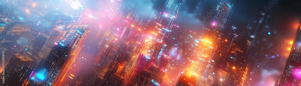 Poster a digital abstraction of a data center with glowing servers and colorful cloud tech designs, emphasi