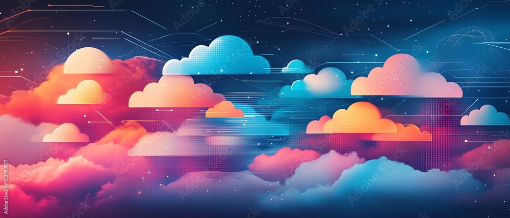 Poster a digital data center landscape with vivid servers, cloud technology patterns, and abstract design e