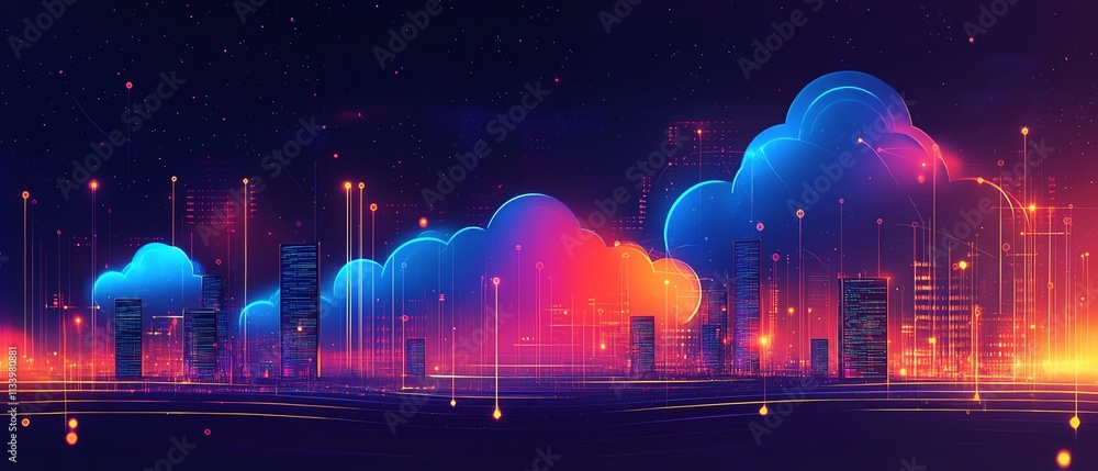 Poster a digital data center landscape with vivid servers, cloud technology patterns, and abstract design e
