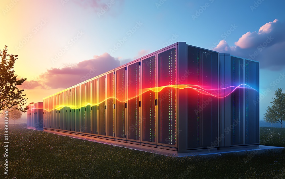Poster a dynamic digital landscape of servers in a hightech data center, enhanced by colorful abstract clou