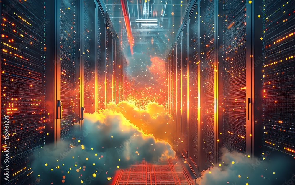 Poster a dynamic digital landscape of servers in a hightech data center, enhanced by colorful abstract clou