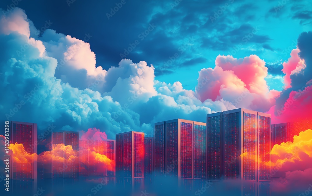 Poster a dynamic digital landscape of servers in a hightech data center, enhanced by colorful abstract clou