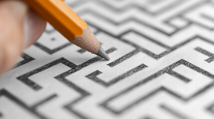 close-up of a hand with a pencil drawing a path in a maze, symbolizing the process of finding a solution through chaos, emphasizing problem-solving and clarity amidst confusion