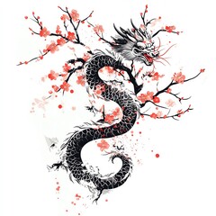 A stunning illustration of a dragon entwined with cherry blossom branches.