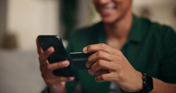 Hands, phone and credit card on sofa for online shopping with payment for deal, fintech and sale in home. Person, smartphone and e commerce on mobile app with virtual customer experience at apartment