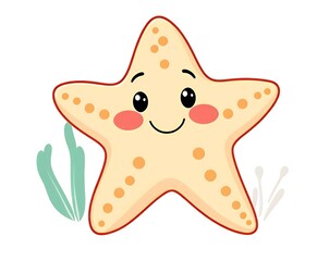 there is a cartoon starfish with a happy face and a green plant.