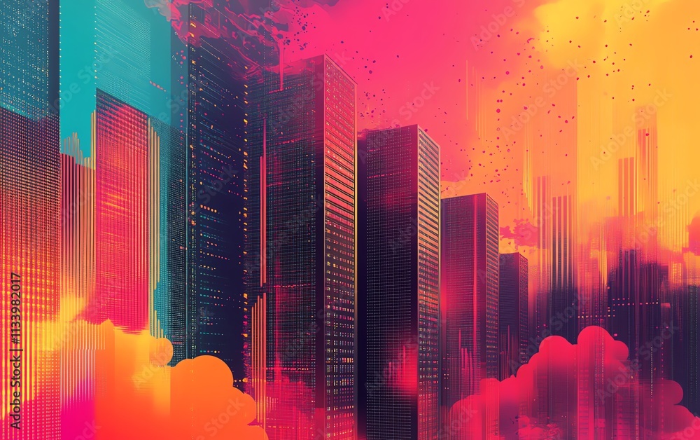 Poster a hightech data center illustration with servers and dynamic cloud patterns, enhanced with vibrant c