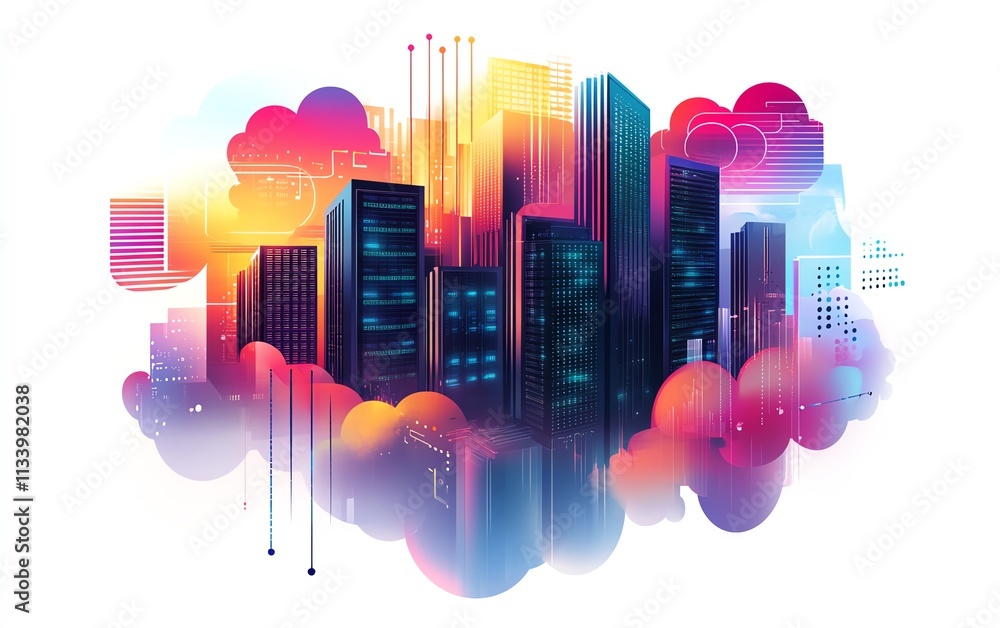Poster a hightech data center illustration with servers and dynamic cloud patterns, enhanced with vibrant c