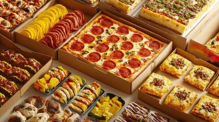 Assorted delicious pizzas and appetizers in boxes.