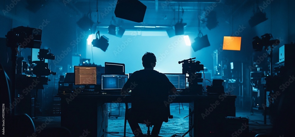 Poster a silhouette of a person at a tech workstation in a dimly lit studio.