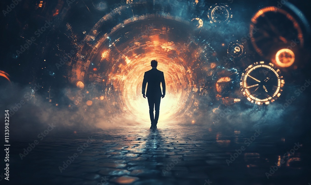 Poster a silhouette walks towards a glowing portal surrounded by clocks and mist.