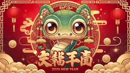 Cute Green Snake with Lanterns and Coins for Chinese New Year 2025