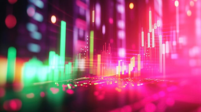 A vibrant pink and green neon candlestick graph for 2025, with bright lines intersecting a glowing background.