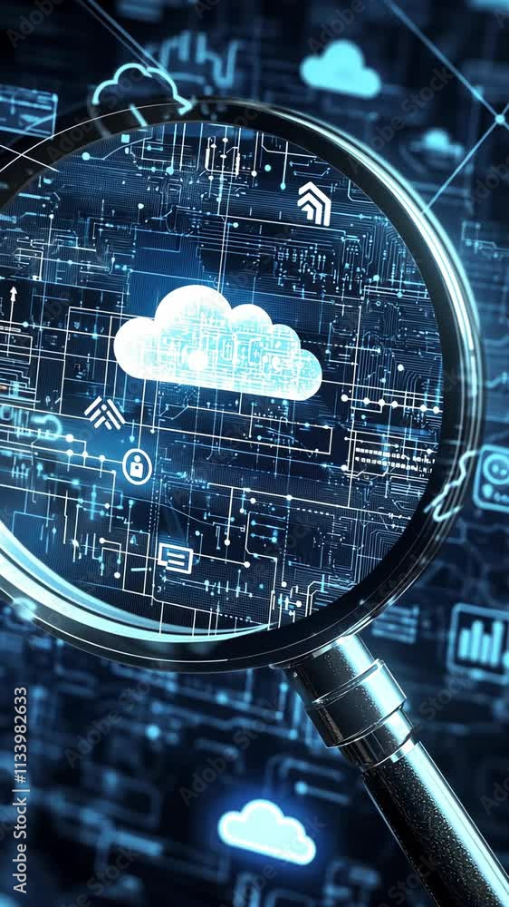 Poster digital representation of cloud computing technology viewed through a magnifying glass on a circuit 
