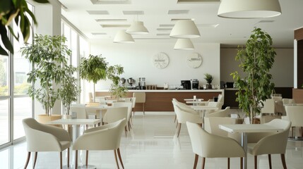 Fototapeta premium Bright and airy office canteen in a corporate space, featuring clean white walls, neutral decor, and a variety of seating options