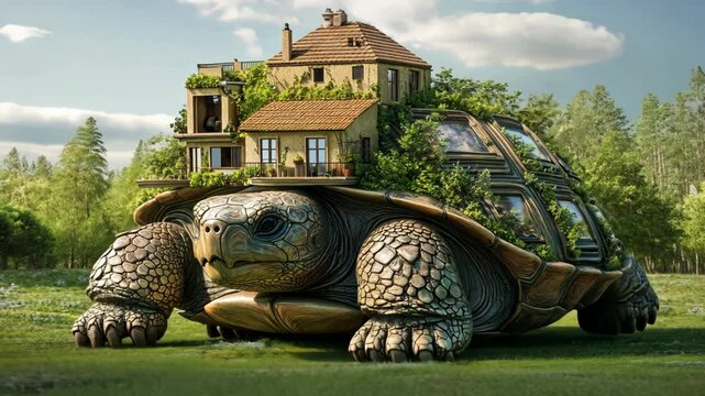 surreal fantasy design, a house on big turtle back