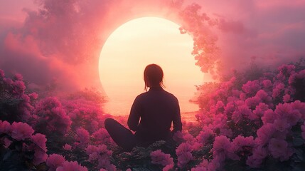 Obraz premium Woman Meditating at Sunset: Peaceful Nature Scene