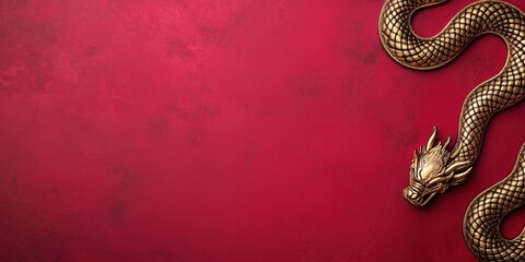 Obraz premium A golden snake curled on a vibrant red background, symbolizing strength, power, and prosperity. Chinese New Year, festival, decoration, greeting card, banner, poster