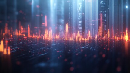 Abstract financial data lines overlaying a digital cityscape, symbolizing urban finance and stock trends.