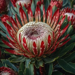 A South African King Protea with bold red and white petals.