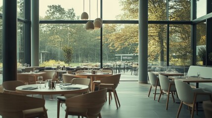 Obraz premium Corporate canteen with light, Scandinavian-inspired decor, modern furniture, and natural light pouring in from floor-to-ceiling windows