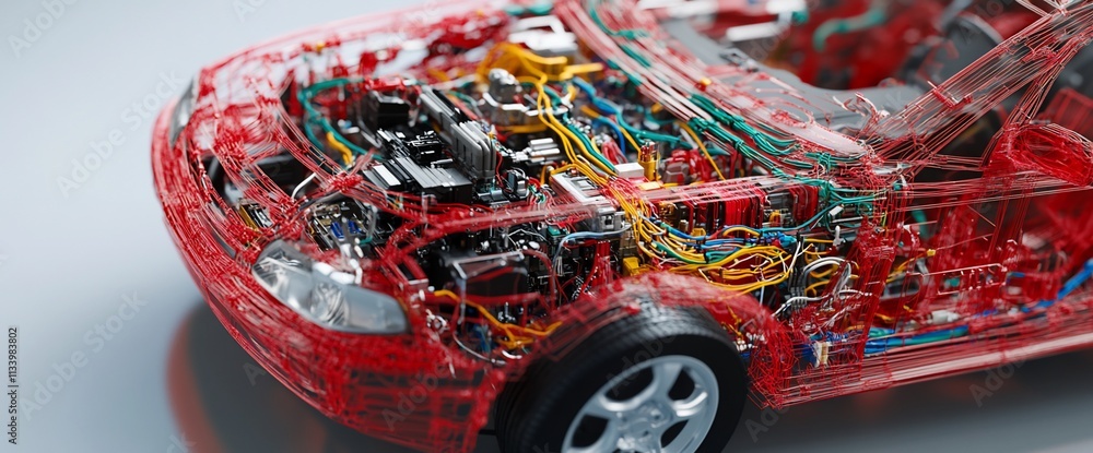 Poster a transparent model of a car showcasing its internal components and wiring.