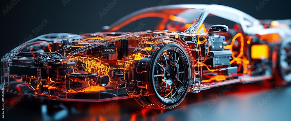 Poster a transparent car model showcasing intricate internal components and wiring.