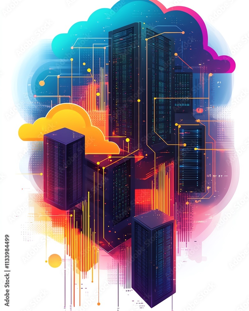 Poster a vibrant data center illustration featuring advanced servers, abstract cloud technology patterns, a