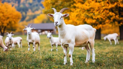 Obraz premium White Goat Standing in Autumn Pasture Surrounded by Yellow Trees and Other Goats, Representing Nature, Agriculture, and Farm Life in Vibrant Scenery