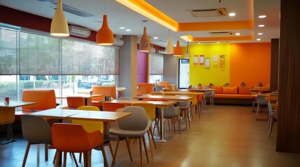 Office canteen with bright interiors, a variety of seating options, and contemporary decor, filled with a casual lunchtime vibe