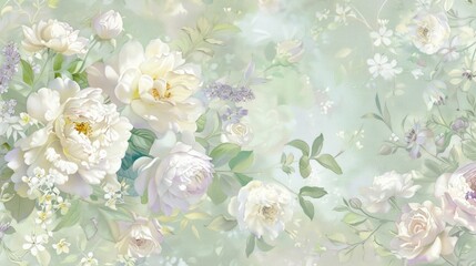 Beautiful floral patterns, pastel colors paired with delicate floral patterns and large flowers in white, cream, beige, lavender, turquoise, detailed and intricate design, watercolors