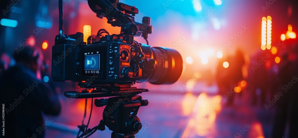 Aufkleber camera on a tripod in a colorful, illuminated setting for photography.