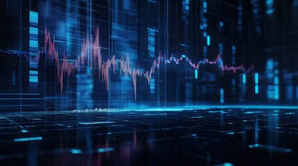 Brightly lit 3D candlestick chart floating over a blue stock market grid.