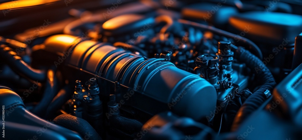 Poster Close-up of a car engine showcasing intricate mechanical components.