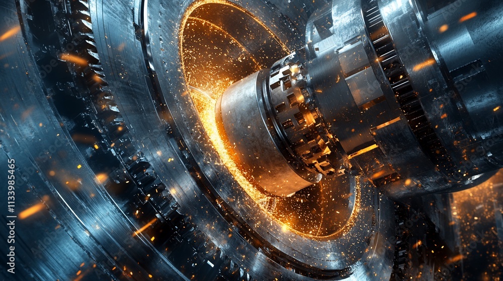 Poster close-up of a mechanical gear system with sparks and metallic textures.