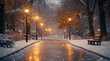 Snowfall in a winter park at night with illuminated lamps