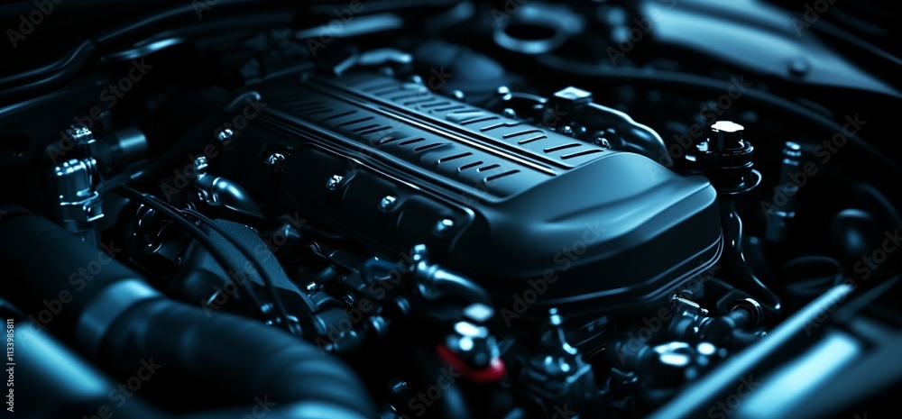 Poster close-up of a sleek automotive engine showcasing intricate design and mechanics.