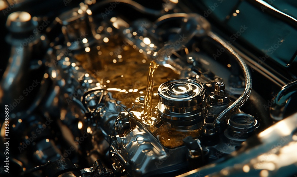 Poster Close-up of a shiny engine with oil being poured into it.