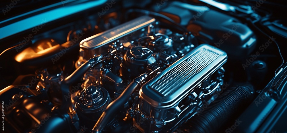 Poster close-up of a car engine showcasing intricate mechanical components.