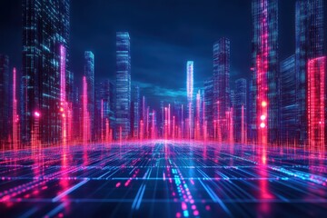 Fototapeta premium Futuristic Cityscape with Glowing Neon Lights and Laser Effects in High-Resolution Gigapixel Quality