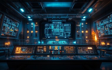 Obraz premium Advanced central control panel in a nuclear power plant reactor, electrical station with hightech equipment, digital screens and energy monitoring, AIgenerated imagery