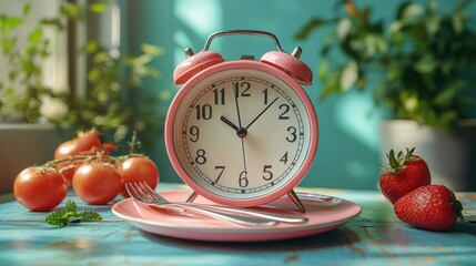 Healthy Eating Time:  A Pink Alarm Clock, Tomatoes, and Strawberries on a Rustic Table