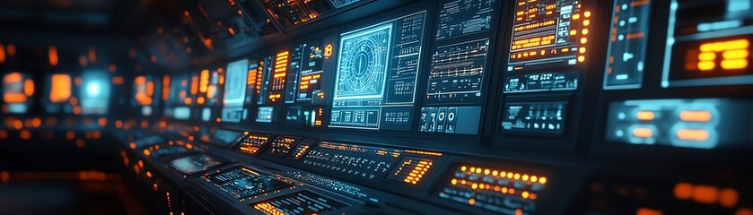 Obraz premium Central control panel of a nuclear power plant reactor, hightech electrical station with complex digital screens and buttons, futuristic energy control, AI generative imagery