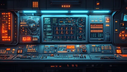 Central control panel for nuclear power plant reactor, complex electrical station design with digital screens and monitoring equipment, AIgenerated futuristic tech