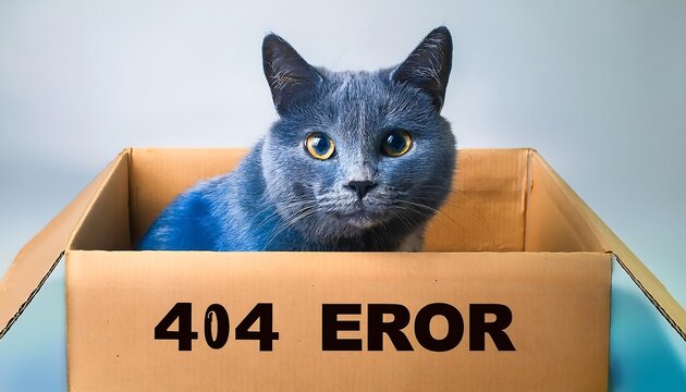 A blue cat sits in a box labeled 404 error.