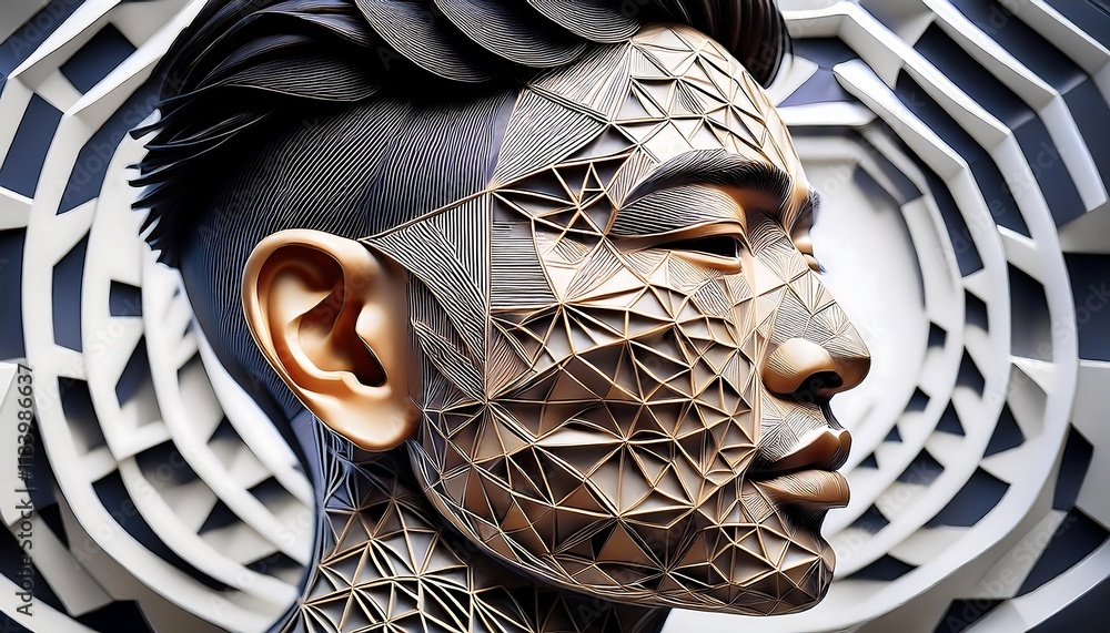 Poster a digital rendering of a human head with abstract, geometric patterns.