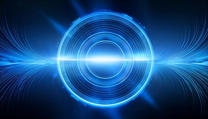 A glowing, blue, circular portal with light beams, on dark background.