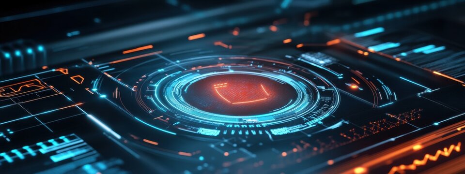Futuristic Digital Interface with Glowing Circular Elements, Blue and Orange Light Effects, and High-Tech Design for Modern Technology and Innovation Concepts